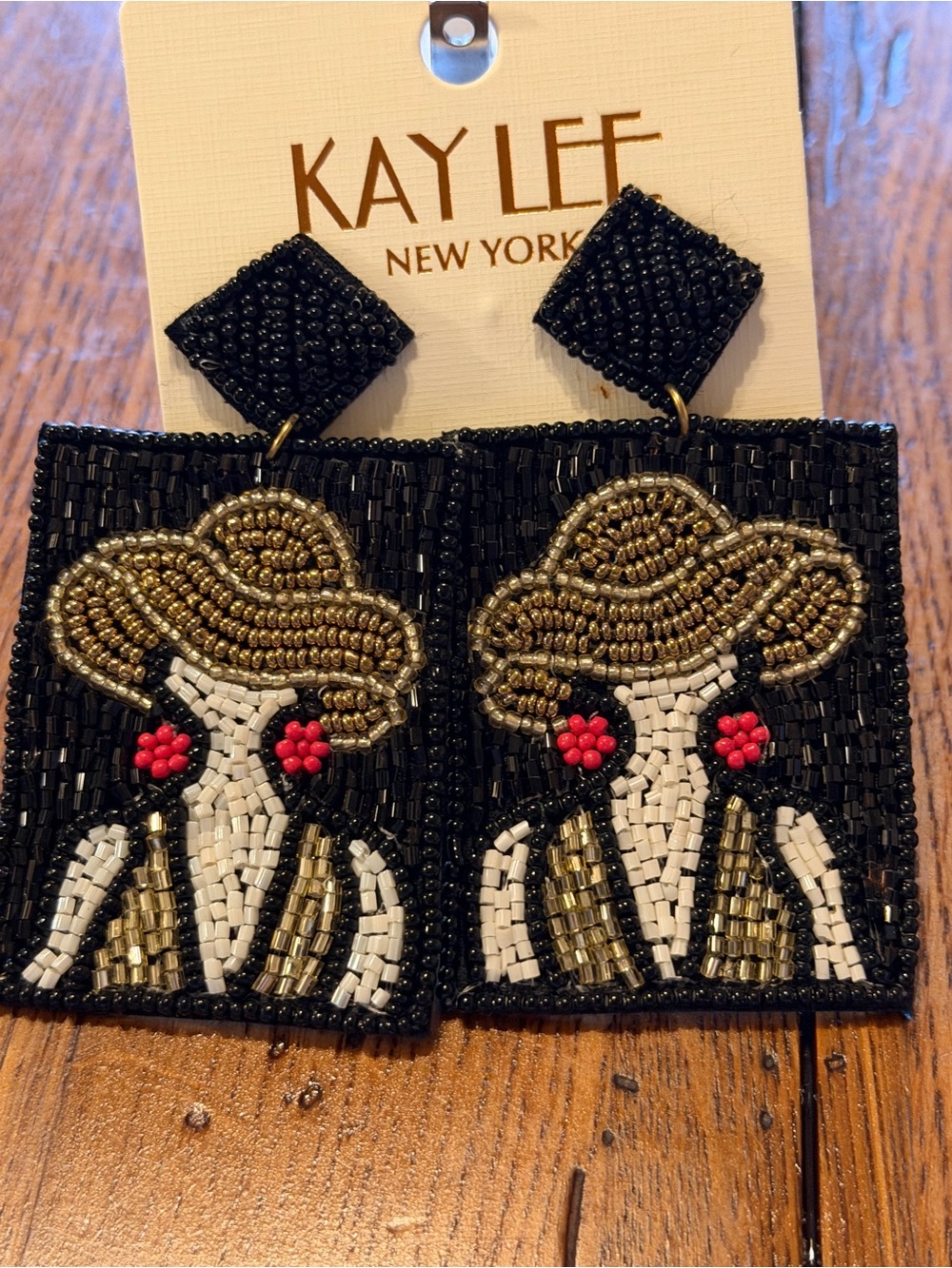 Kay Lee Black Beaded Statement Earrings with Gold and Red Accents